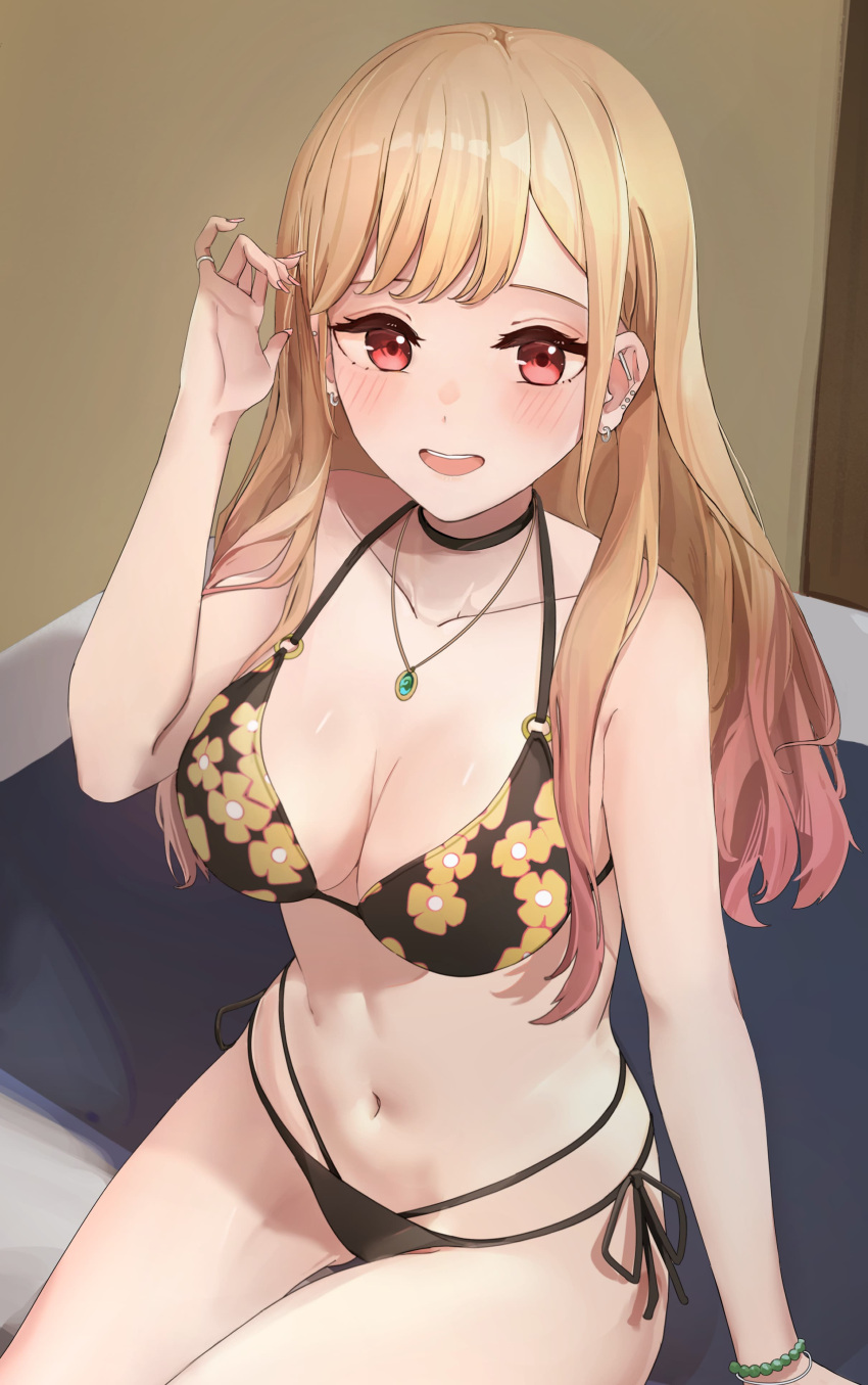 1girl absurdres bangs bead_bracelet beads bed_sheet bikini black_choker blonde_hair blush bracelet breasts choker collarbone colored_tips commentary ear_piercing earrings fake_nails from_above gradient_hair gyaru hand_up highres jewelry kitagawa_marin long_hair looking_at_viewer looking_up medium_breasts mizo multicolored_hair navel necklace open_mouth piercing pink_hair red_eyes ring side-tie_bikini sitting smile solo sono_bisque_doll_wa_koi_wo_suru stomach straight_hair string_bikini swimsuit teeth upper_teeth
