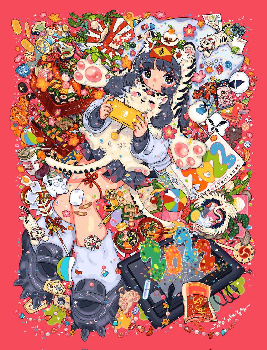 1girl 2022 absurdres akabeko arrow_(projectile) ball bandaid bandaid_on_knee bangs beachball bell black_footwear black_hair black_skirt chinese_zodiac dango egg eyebrows_visible_through_hair flower food happy_new_year highres jewelry kendama leaf long_hair long_sleeves necklace new_year nintendo_switch original pillow pink_background pink_flower plant pleated_skirt shoes sizucomaru skirt snack socks solo tablet_pc tiger wagashi white_legwear year_of_the_tiger