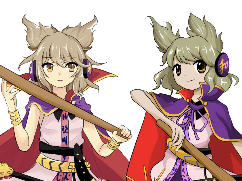 2girls cape comparison earmuffs gold_trim highres holding kaisouou_konbu light_brown_hair light_smile looking_at_viewer medium_hair multiple_girls pointy_hair ritual_baton sheath sheathed simple_background sword touhou toyosatomimi_no_miko upper_body weapon white_background yellow_eyes zun_(style)