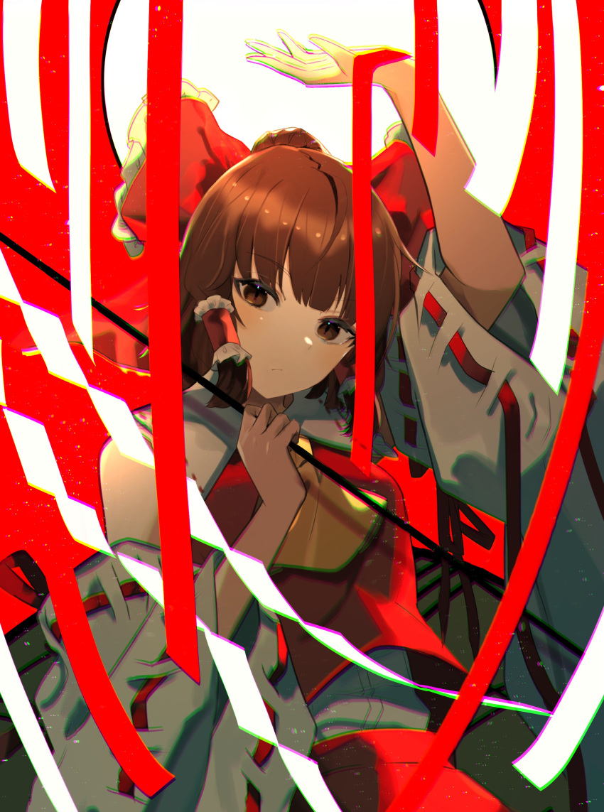 1girl absurdres ascot bare_shoulders blush bow brown_eyes brown_hair closed_mouth detached_sleeves eyebrows_visible_through_hair gohei hair_bow hair_tubes hakurei_reimu highres holding japanese_clothes kurowa_(curowa) medium_hair nontraditional_miko red_bow red_skirt ribbon-trimmed_sleeves ribbon_trim sidelocks skirt solo touhou upper_body wide_sleeves yellow_ascot