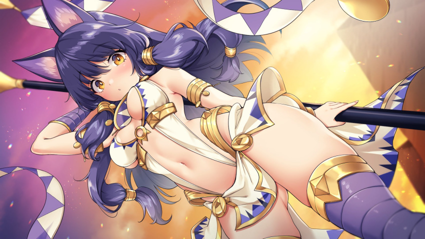 1girl animal_ears ass_visible_through_thighs bangs breasts character_request dog_ears dog_girl egyptian_clothes eyebrows_visible_through_hair highres legend_clover long_hair looking_at_viewer medium_breasts mojarin_(kihara_mojarin) navel pelvic_curtain purple_hair revealing_clothes sidelocks solo standing thigh-highs yellow_eyes