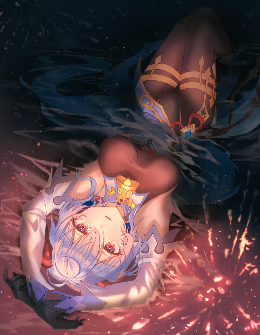 1girl absurdres armpits arms_up bell black_gloves black_legwear blue_hair bodysuit breasts choc detached_sleeves eyebrows_visible_through_hair fireworks from_above ganyu_(genshin_impact) genshin_impact gloves goat_horns highres horns large_breasts long_hair looking_up lying neck_bell on_back open_mouth pantyhose partially_submerged reflection reflective_water smile thighlet violet_eyes vision_(genshin_impact) water