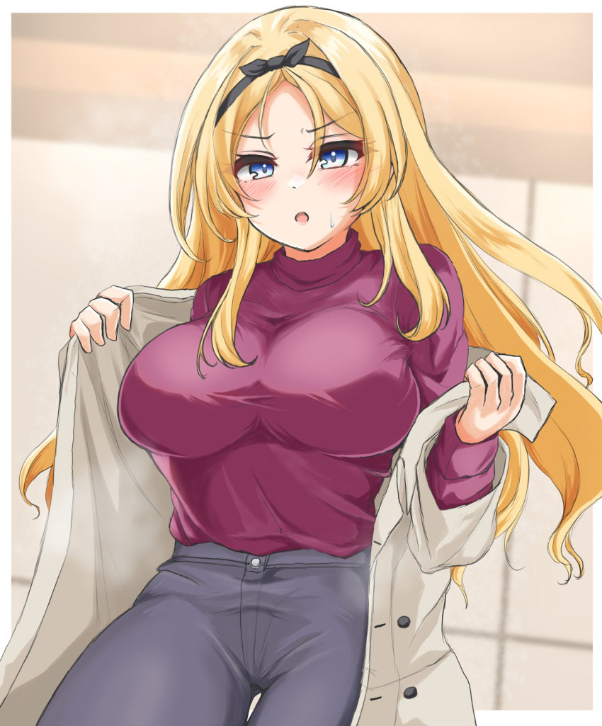 1girl black_pants blonde_hair blue_eyes blush breasts buttons coat cowboy_shot eyebrows_visible_through_hair highres kantai_collection kasashi_(kasasi008) large_breasts long_hair long_sleeves nelson_(kancolle) official_alternate_costume open_clothes open_coat open_mouth pants purple_shirt shirt solo white_coat