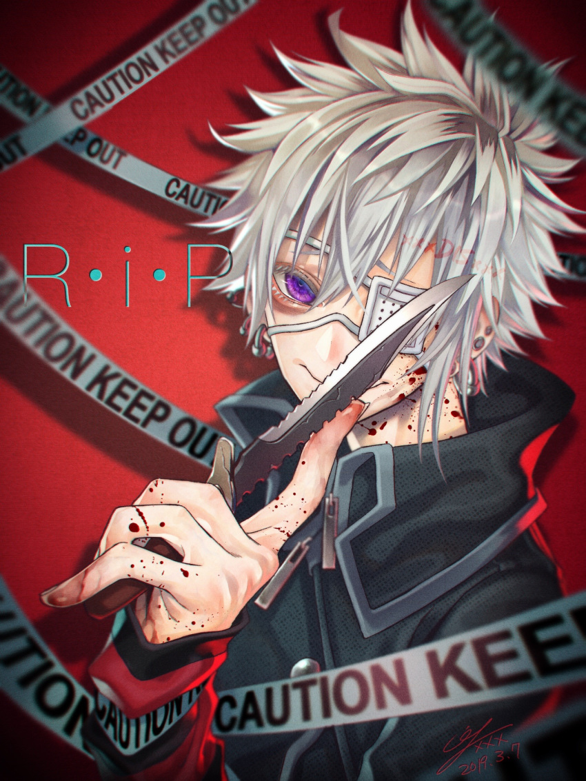 1boy blood blood_on_face blood_on_hands caution_tape closed_mouth combat_knife crack ear_piercing earrings english_text eyelashes eyepatch fingernails grey_hair hair_between_eyes highres holding holding_knife holding_weapon jewelry knife male_focus original piercing sign sleeves_past_wrists smile solo violet_eyes warning_sign weapon yokaze_(xxxdisxxx) zipper_pull_tab