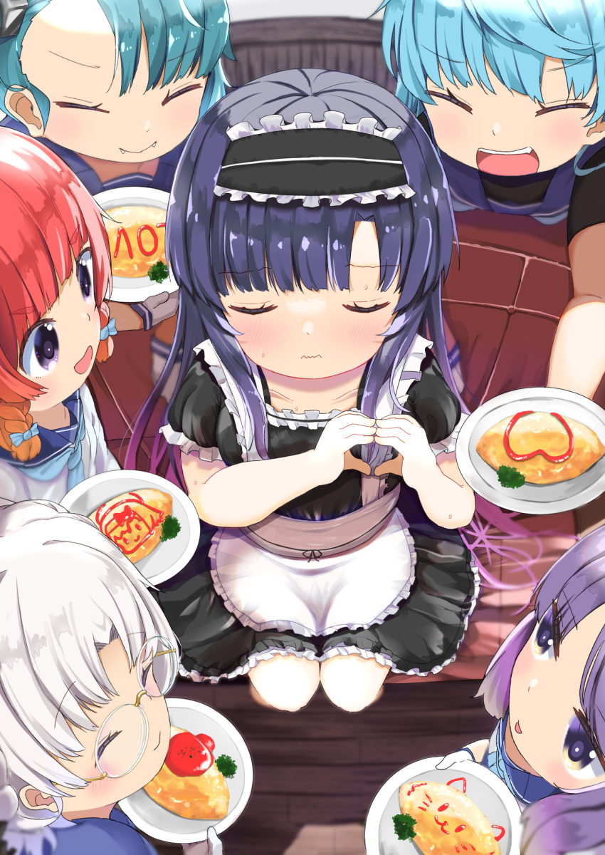 6+girls alternate_costume apron black_dress black_hair blue_hair blush closed_eyes closed_mouth dress enmaided etorofu_(kancolle) eyebrows_visible_through_hair fangs food fukae_(kancolle) glasses hair_between_eyes heart highres hirato_(kancolle) holding holding_plate kantai_collection ketchup long_hair maid maid_apron maid_headdress matsuwa_(kancolle) mugichoko_(mugi_no_choko) multiple_girls omurice open_mouth plate puffy_short_sleeves puffy_sleeves purple_hair redhead rimless_eyewear sado_(kancolle) short_hair short_sleeves silver_hair smile tsushima_(kancolle) vegetable violet_eyes waist_apron wavy_mouth white_apron yellow_eyes