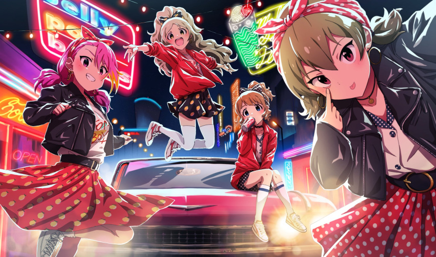 4girls belt black_jacket can car commentary_request drinking earrings grey_hair ground_vehicle handa_roko high_ponytail highres hoop_earrings idolmaster idolmaster_million_live! jacket jewelry leather leather_jacket long_hair looking_at_viewer low_twintails maihama_ayumu motor_vehicle multiple_girls nagayoshi_subaru necklace neon_lights night polka_dot_hairband polka_dot_skirt red_jacket shoes sneakers suou_momoko thigh-highs twintails wanoji wavy_hair white_legwear yellow_eyes