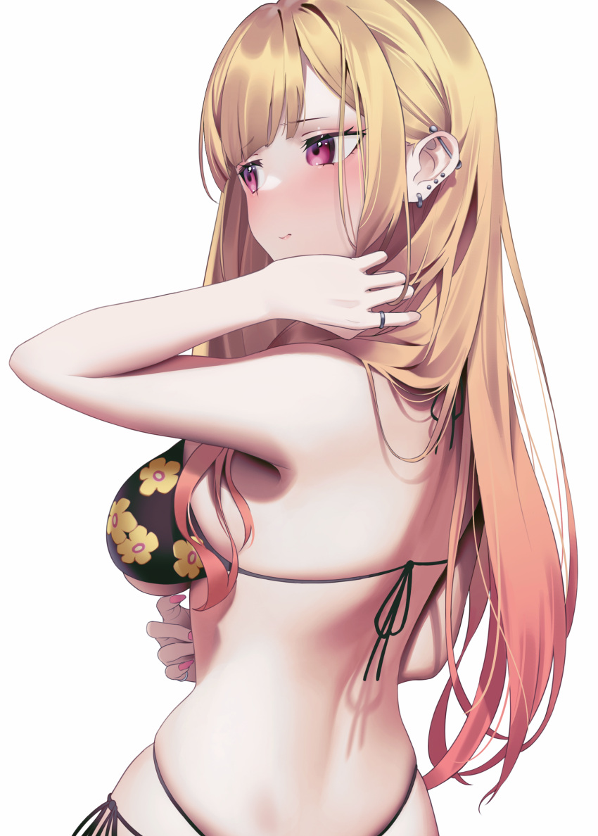 1girl back bangs bikini black_bikini blonde_hair blush breasts closed_mouth colored_tips ear_piercing earrings eyebrows_visible_through_hair floral_print from_behind gradient_hair halterneck highres jewelry kitagawa_marin looking_to_the_side medium_breasts multi-strapped_bikini multicolored_hair piercing pink_hair pink_nails raised_eyebrows red_eyes ring shadow shy side-tie_bikini sideboob simple_background skindentation solo sono_bisque_doll_wa_koi_wo_suru straight_hair swimsuit upper_body white_background yaye