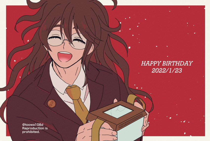 108_(toowa) 1boy :d bangs border brown_hair brown_jacket brown_necktie closed_eyes danganronpa_(series) danganronpa_v3:_killing_harmony dated facing_viewer gokuhara_gonta happy_birthday highres insect_cage jacket long_hair male_focus messy_hair necktie red_background round_eyewear shirt smile solo teeth twitter_username upper_teeth watermark white_border white_shirt