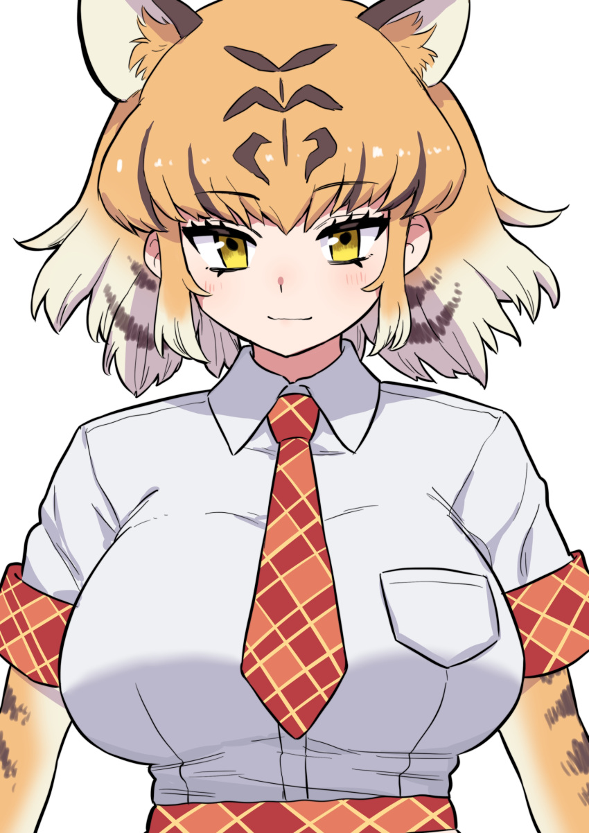1girl animal_ear_fluff animal_ears animal_print breast_pocket breasts commentary_request elbow_gloves extra_ears eyebrows_visible_through_hair gloves gradient_hair highres kemono_friends large_breasts looking_at_viewer multicolored_hair necktie oogushi_aritomo orange_hair plaid_trim pocket print_gloves print_necktie shirt short_hair short_sleeves simple_background smile solo tiger_(kemono_friends) tiger_ears tiger_print upper_body white_background white_hair white_shirt yellow_eyes