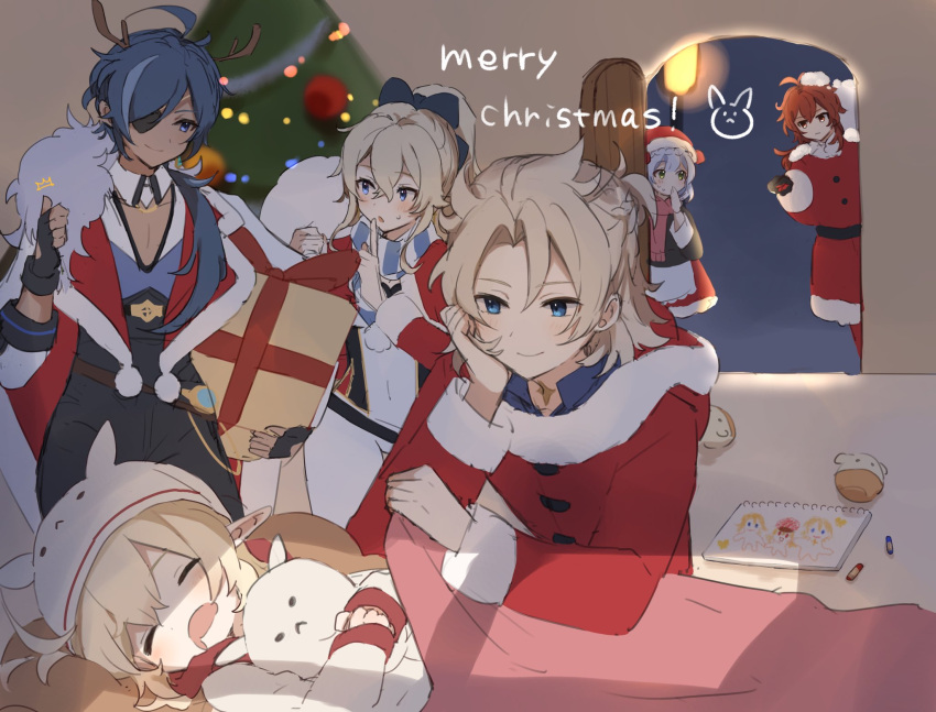 3boys 3girls albedo_(genshin_impact) alternate_costume antenna_hair bangs bed black_gloves blanket blonde_hair blue_eyes blue_hair blush box child_drawing christmas christmas_tree closed_eyes commentary_request crayon dark-skinned_male dark_skin diluc_(genshin_impact) dress drooling eyepatch finger_to_mouth fingerless_gloves genshin_impact gift gift_box gloves hat highres holding jacket jean_(genshin_impact) kaeya_(genshin_impact) klee_(genshin_impact) kuragegeso long_hair merry_christmas mouth_drool multicolored_hair multiple_boys multiple_girls noelle_(genshin_impact) open_mouth pointy_ears pom_pom_(clothes) ponytail red_eyes redhead sack scarf sketchbook sleeping smile streaked_hair sweat thumbs_up