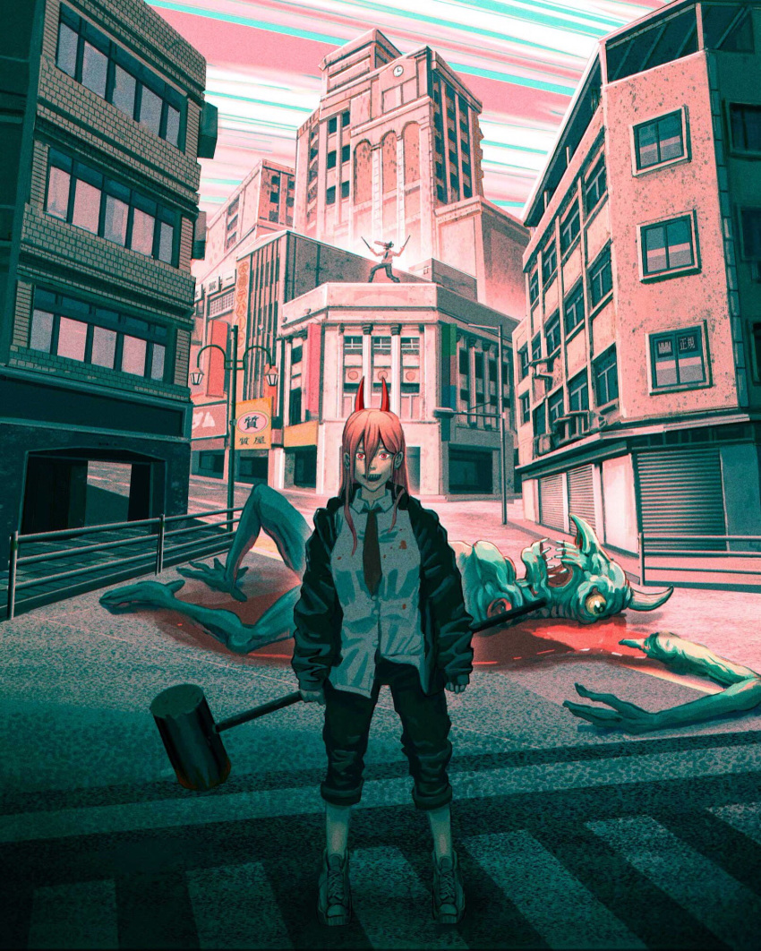 1boy 1girl black_necktie blood blood_on_clothes building chainsaw chainsaw_man cheering colored_sclera death denim denji_(chainsaw_man) green_eyes hair_between_eyes hammer highres holding holding_hammer holding_weapon horns jeans lamppost long_hair long_nose looking_at_viewer monster necktie open_mouth outdoors pants pink_hair pool_of_blood power_(chainsaw_man) railing red_eyes red_horns severed_limb sharp_teeth shoes sign single_horn sinsin08051 sleeves_past_wrists smile sneakers solo_focus teeth upper_teeth weapon window yellow_sclera