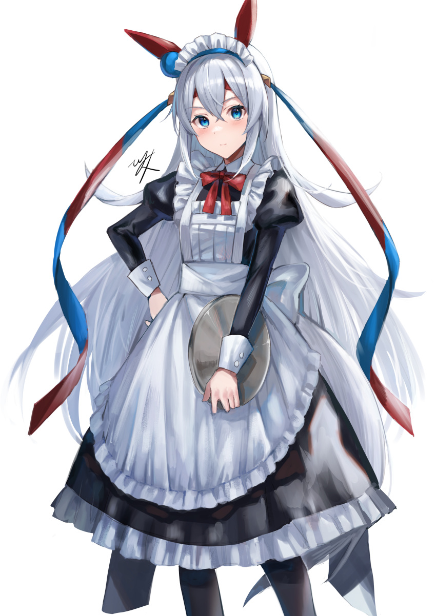 1girl absurdres alternate_costume animal_ears apron black_legwear blue_eyes blush bow bowtie commentary_request ear_covers enmaided hair_between_eyes hand_on_hip highres hitomin_(ksws7544) holding holding_tray horse_ears horse_girl horse_tail juliet_sleeves long_hair long_sleeves looking_at_viewer maid maid_headdress puffy_sleeves signature silver_hair simple_background solo tail tamamo_cross_(umamusume) tray umamusume very_long_hair white_background