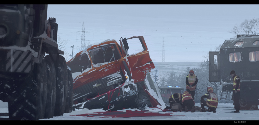 4boys absurdres accident ambulance beanie blood car_crash chinese_commentary coat commentary_request grey_sky haguruma_c hat highres ice knit_hat letterboxed multiple_boys original outdoors overcast snow sweater transmission_tower winter_clothes winter_coat wreckage