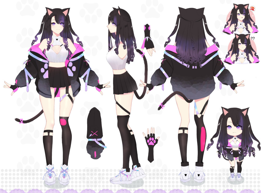 1girl animal_ears artist_request black_gloves black_hair black_jacket black_skirt breasts cat_ears cat_girl cat_tail character_sheet chibi cleavage_cutout clothing_cutout fingerless_gloves food gloves highres indie_virtual_youtuber jacket medium_breasts mixed-language_commentary multiple_views off_shoulder open_hands sashimi shimotsuki_miri shoes skirt sneakers suwaa_sagryuu tail two_side_up virtual_youtuber white_footwear