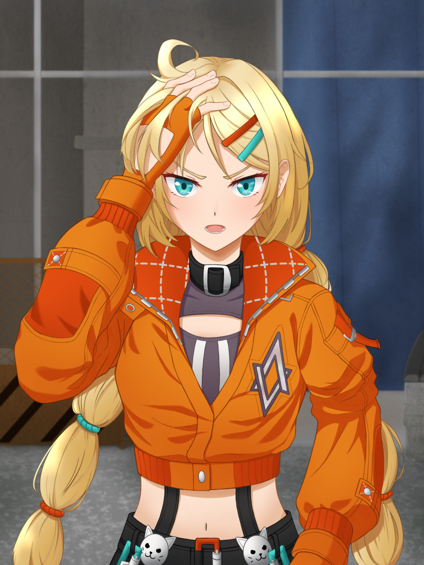 1girl absurdres ahoge black_shirt black_survival blonde_hair blue_eyes breasts cleavage_cutout clothing_cutout fingerless_gloves gloves hair_ornament hairclip highres jacket long_hair looking_at_viewer midriff navel nicky_blake open_mouth orange_jacket shirt small_breasts solo twintails upper_body very_long_hair wkdals3030