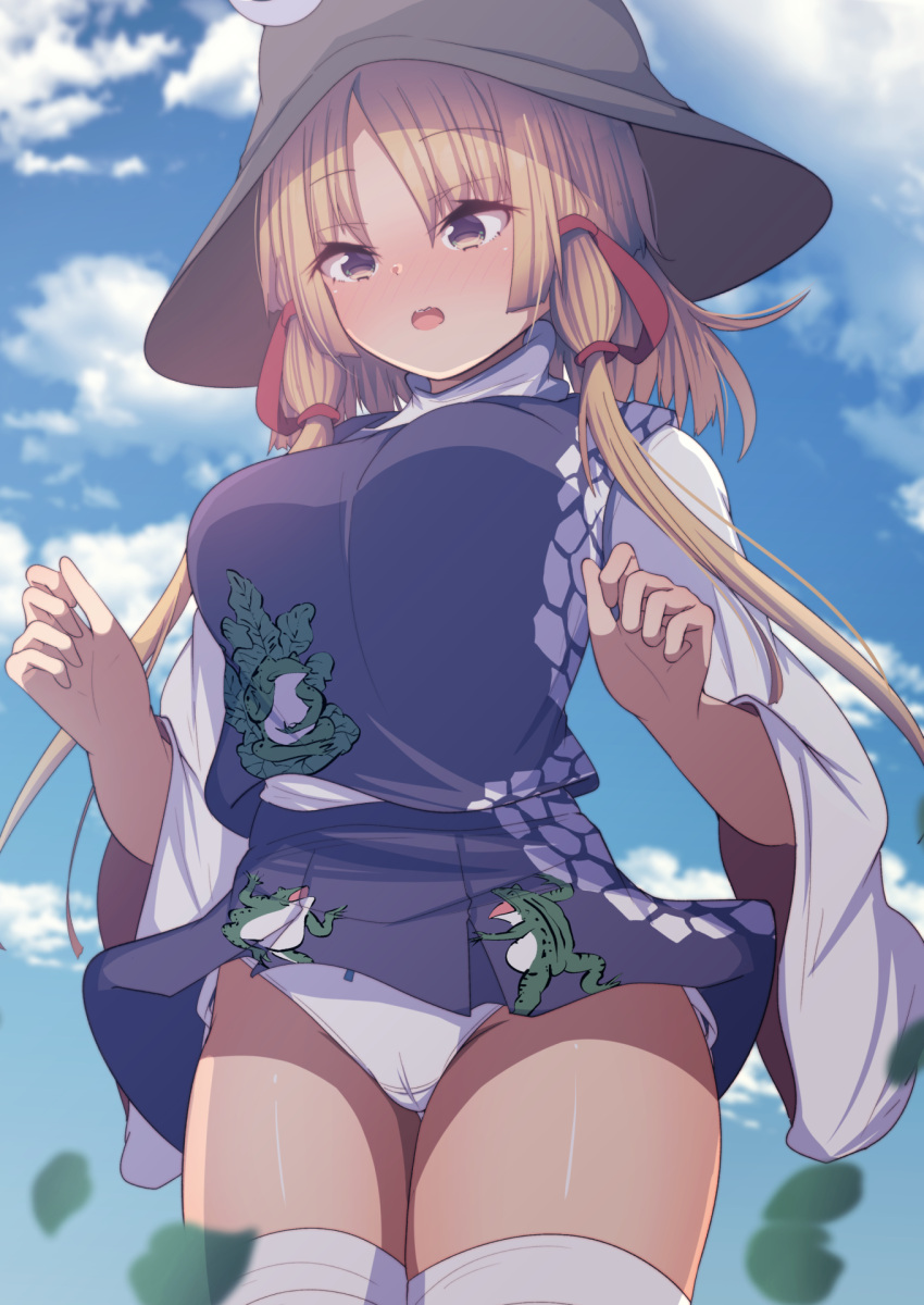 1girl animal_print bangs blonde_hair blue_sky breasts clothes_lift darumoon frog_print highres large_breasts long_sleeves medium_hair miniskirt moriya_suwako outdoors panties pantyshot parted_bangs purple_skirt purple_vest shirt skirt skirt_lift skirt_set sky solo thick_thighs thigh-highs thighs touhou turtleneck underwear vest white_legwear white_panties white_shirt wide_sleeves yellow_eyes