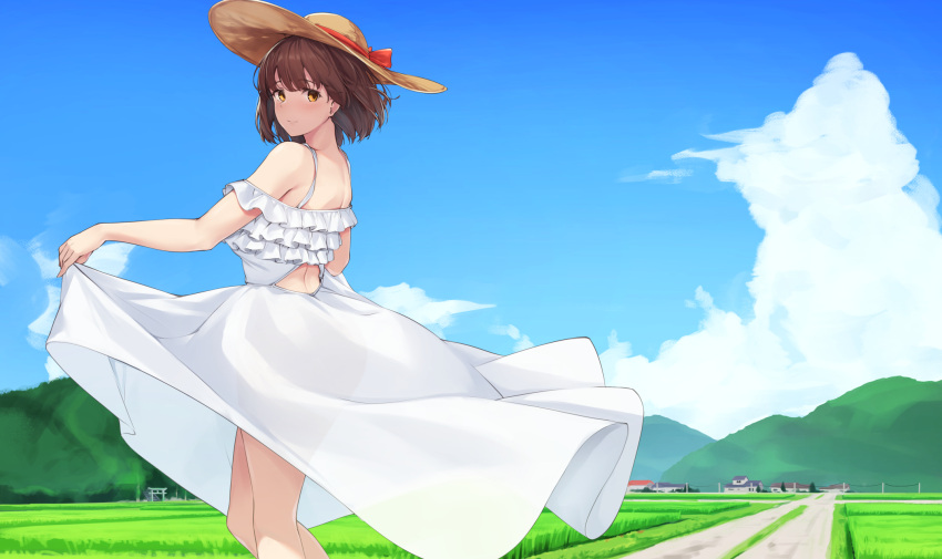 1girl bangs blue_sky brown_eyes brown_hair closed_mouth clothes_lift clouds commentary_request cumulonimbus_cloud day dress dress_lift eyebrows_visible_through_hair field frills hat hat_ribbon highres house katou_megumi lifted_by_self looking_at_viewer mountainous_horizon outdoors power_lines rebutsu ribbon road rural saenai_heroine_no_sodatekata short_hair sky smile solo standing straw_hat sun_hat sundress torii vanishing_point white_dress