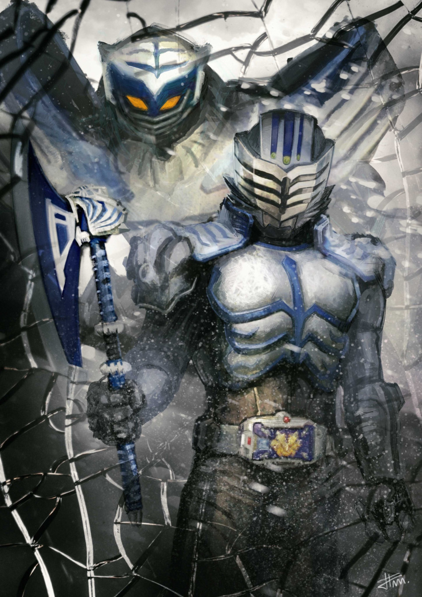 1boy advent_deck armor axe black_bodysuit bodysuit broken_glass broken_mirror chinese_zodiac contract_monster destwilder glass highres holding holding_weapon kamen_rider kamen_rider_ryuki_(series) kamen_rider_tiger monster tiger_stripes v_buckle weapon year_of_the_tiger yellow_eyes yygnzm