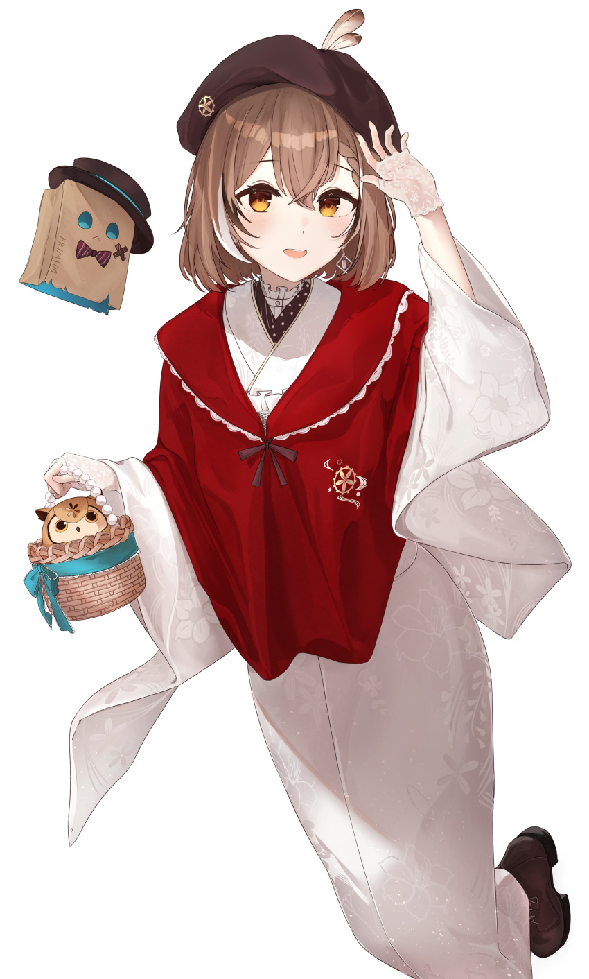 1girl absurdres alternate_costume alternate_hairstyle basket beret bird blush brown_eyes brown_hair fingerless_gloves floral_print friend_(nanashi_mumei) gloves hat highres hololive hololive_english japanese_clothes lace lace_gloves looking_at_viewer mizo nanashi_mumei owl short_hair simple_background smile virtual_youtuber white_background