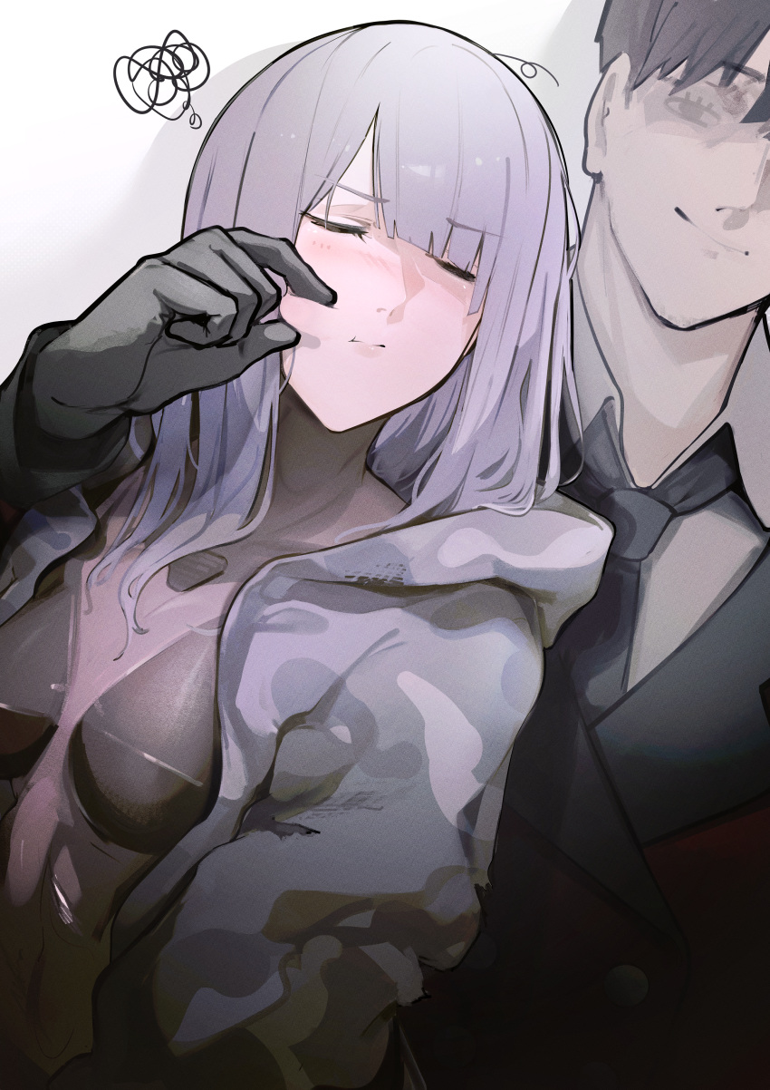 1boy 1girl absurdres ak-12_(faint_light_of_furthest_day)_(girls'_frontline) ak-12_(girls'_frontline) amirun bangs black_gloves black_hair black_jacket black_necktie blazer blush bodysuit breasts camouflage camouflage_jacket closed_mouth commander_(girls'_frontline) eyebrows_visible_through_hair finger_to_cheek girls_frontline gloves highres jacket long_hair necktie open_clothes open_jacket short_hair silver_hair simple_background smile upper_body