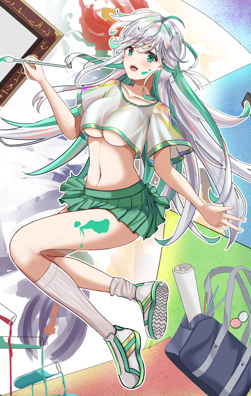 1girl :d absurdres ahoge bag breasts collarbone crop_top crop_top_overhang green_eyes green_skirt highres holding kneehighs large_breasts long_hair looking_at_viewer midriff miniskirt multicolored_hair navel original paint_splatter paintbrush pleated_skirt revealing_clothes ryn_(rinorea) school_bag shirt shoes short_sleeves skirt smile sneakers solo stomach streaked_hair thighs two-tone_hair under_boob very_long_hair white_footwear white_legwear white_shirt