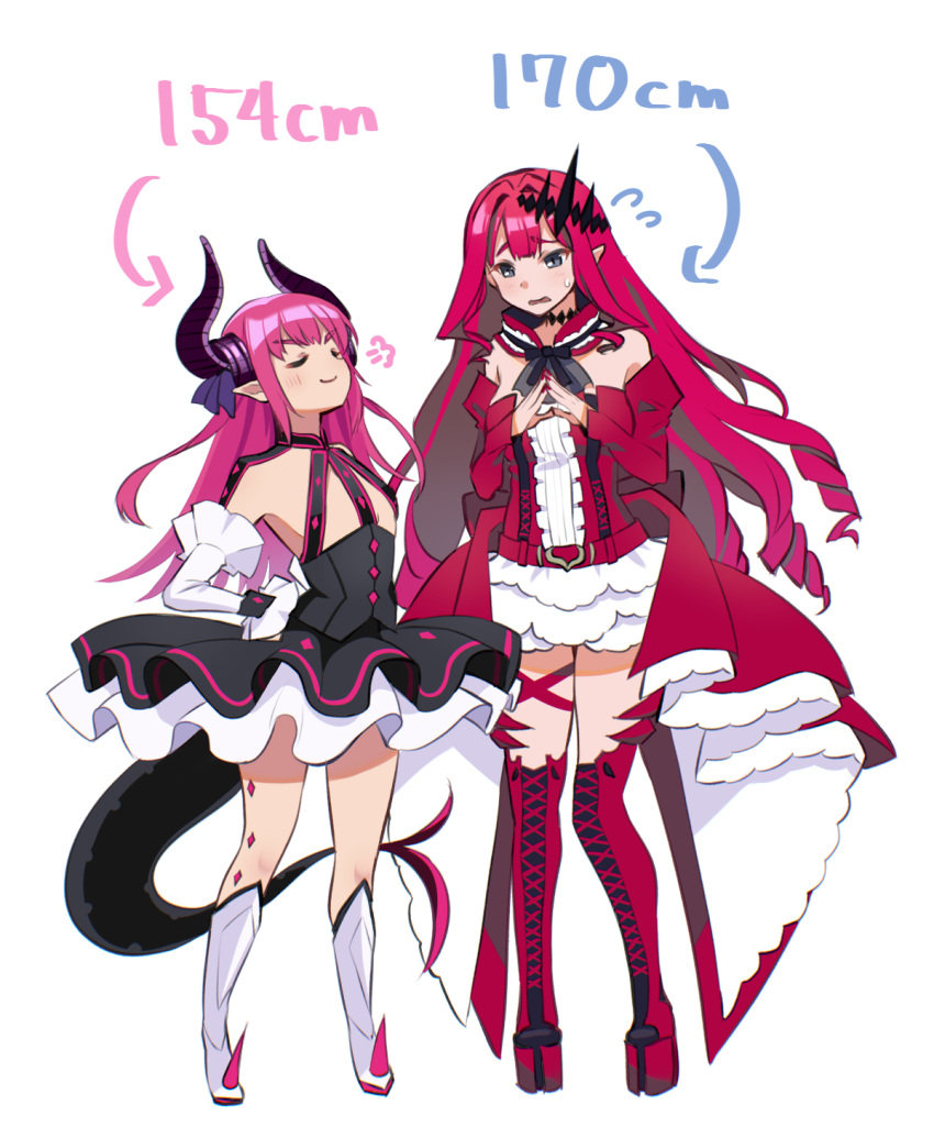 2girls bangs bare_shoulders black_dress blush boots breasts center_frills closed_eyes curled_horns detached_collar detached_sleeves dragon_girl dragon_horns dragon_tail dress earrings elizabeth_bathory_(fate) fairy_knight_tristan_(fate) fate/extra fate/grand_order fate_(series) frills full_body grey_eyes hair_ribbon height_chart highres horns jewelry large_breasts layered_skirt long_hair multiple_girls pink_hair pointy_ears red_dress red_footwear ribbon sidelocks skirt small_breasts smile tail thigh-highs thigh_boots tiara two_side_up white_skirt yamagara_tasuku