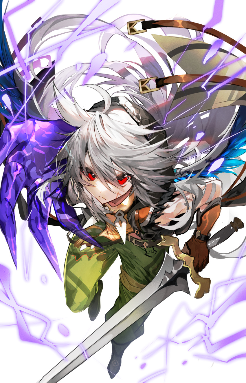 1boy absurdres ahoge blue_wings brown_gloves claws closed_mouth electricity eyebrows_visible_through_hair eyes_visible_through_hair feathered_wings frown genshin_impact gloves hair_between_eyes highres holding holding_sword holding_weapon hood hood_up incoming_attack jewelry long_hair looking_at_viewer male_focus mura_karuki necklace razor_(genshin_impact) red_eyes scar scar_on_cheek scar_on_face simple_background solo sword tooth_necklace weapon white_background wings