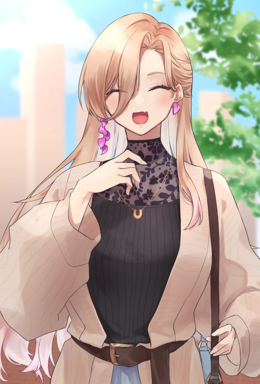 1girl alternate_costume aodake_(winter1517) asymmetrical_earrings bangs belt blonde_hair blush breasts closed_eyes earrings eyebrows_visible_through_hair fang fang_out floral_print glasses hair_between_eyes highres jacket jewelry large_breasts long_hair long_skirt long_sleeves mismatched_earrings necklace nijisanji nui_sociere official_alternate_costume open_mouth round_eyewear shirt_tucked_in simple_background skin_fang skirt smile solo sweater upper_body virtual_youtuber white_background yellow_eyes