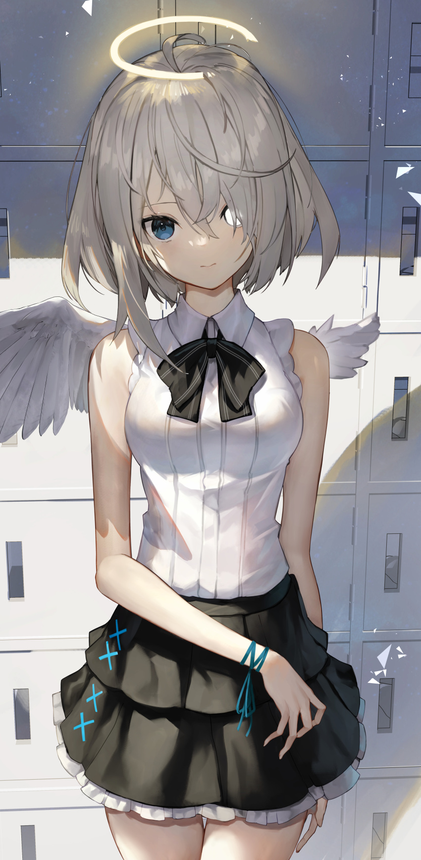 1girl absurdres ahoge angel_wings asymmetrical_hair asymmetrical_wings bangs bare_arms bare_shoulders black_bow black_bowtie black_dress blank_eyes blue_eyes blue_ribbon bow bowtie breasts broken_halo closed_mouth collared_shirt commentary cowboy_shot dated_commentary dress empty_eyes english_commentary hair_over_one_eye halo heterochromia highres layered_skirt locker long_hair looking_at_viewer medium_breasts original ribbon scottie_(phantom2) shirt skirt sleeveless sleeveless_shirt solo standing white_hair white_shirt wings wrist_ribbon