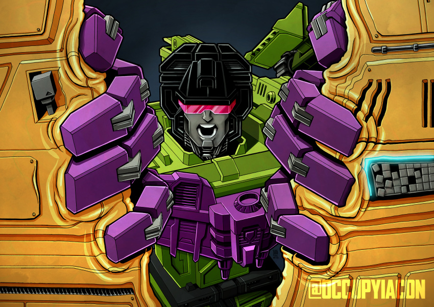 decepticon devastator_(transformers) english_commentary highres jim_stafford looking_at_viewer mecha no_humans open_mouth opening portrait science_fiction solo transformers twitter_username visor
