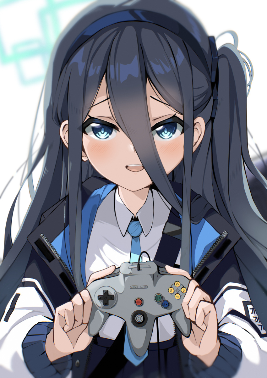 1girl absurdres arisu_(blue_archive) blue_archive blue_eyes blush commentary_request controller dark_blue_hair game_controller hair_between_eyes halo headband highres jacket long_hair melerdon necktie nintendo_64_controller open_mouth school_uniform simple_background very_long_hair white_background