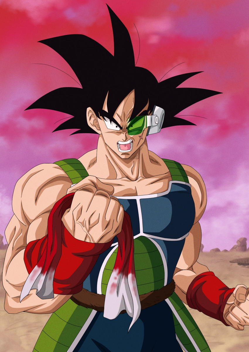 1boy armor bandana bardock bare_shoulders biceps dragon_ball dragon_ball_z headband highres looking_at_viewer male_focus mocky_art monkey_tail muscular muscular_male saiyan saiyan_armor scar scar_on_face scouter screaming solo solo_focus tail wristband