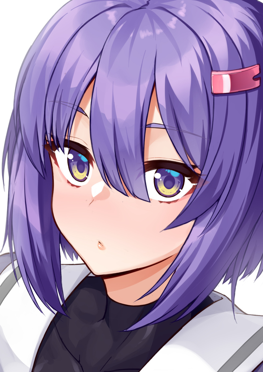 1girl a.i._voice absurdres closed_mouth collarbone eyebrows_visible_through_hair grey_serafuku hair_between_eyes hair_ornament hairclip highres portrait purple_hair sailor_collar school_uniform serafuku short_hair simple_background solo tenneko_yuuri violet_eyes vocaloid voiceroid white_background white_sailor_collar yuzuki_yukari yuzuki_yukari_(shizuku)