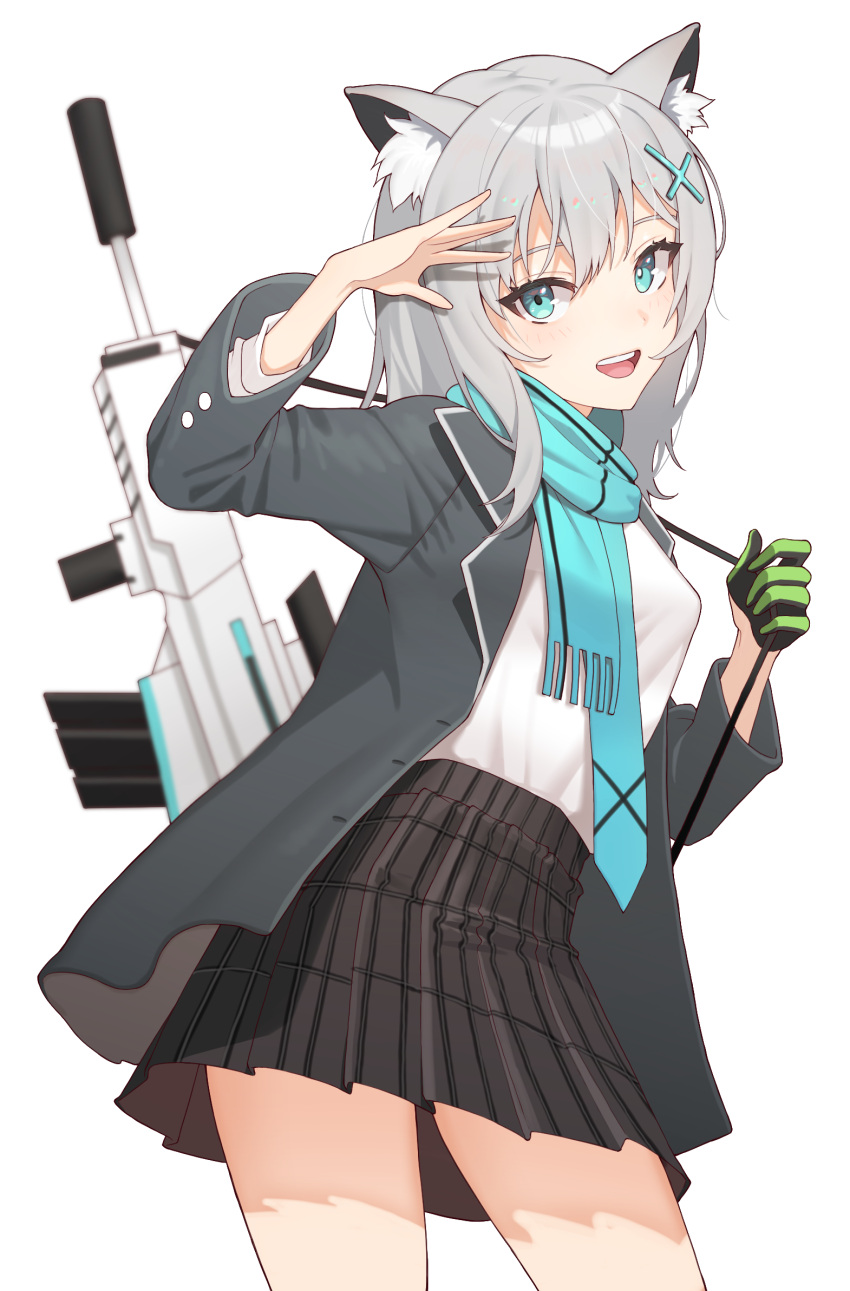 1girl :d animal_ear_fluff animal_ears black_gloves black_jacket black_skirt blazer blue_archive blue_eyes blue_scarf carrying_over_shoulder cat_ears contrapposto cowboy_shot gloves green_gloves grey_hair gun hair_between_eyes hair_ornament half_gloves hand_over_face hand_up highres jacket long_hair long_sleeves looking_at_viewer neil_(neil_nim) open_clothes open_jacket plaid plaid_skirt pleated_skirt rifle rifle_on_back scarf shiroko_(blue_archive) shirt sidelocks simple_background single_glove skirt smile solo standing weapon white_background white_shirt x_hair_ornament