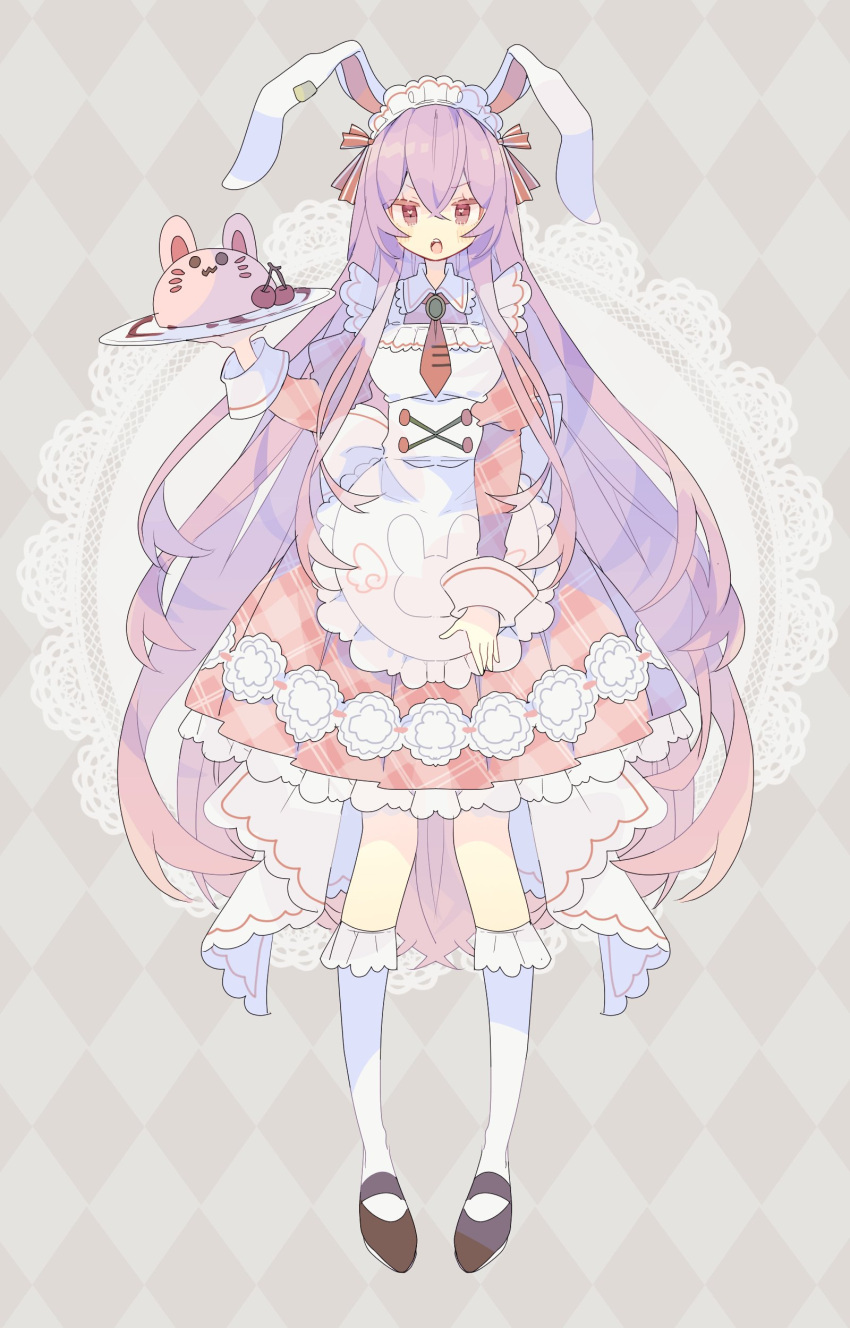 1girl absurdres alternate_costume animal_ears apron argyle argyle_background black_footwear blush brown_eyes cake cherry dress enmaided eyebrows_visible_through_hair food frilled_dress frills fruit full_body hair_between_eyes highres holding holding_plate juliet_sleeves kneehighs long_hair long_sleeves maid maid_apron maid_headdress nikorashi-ka open_mouth pink_dress pink_hair plate puffy_sleeves rabbit_ears reisen_udongein_inaba solo touhou white_apron white_legwear