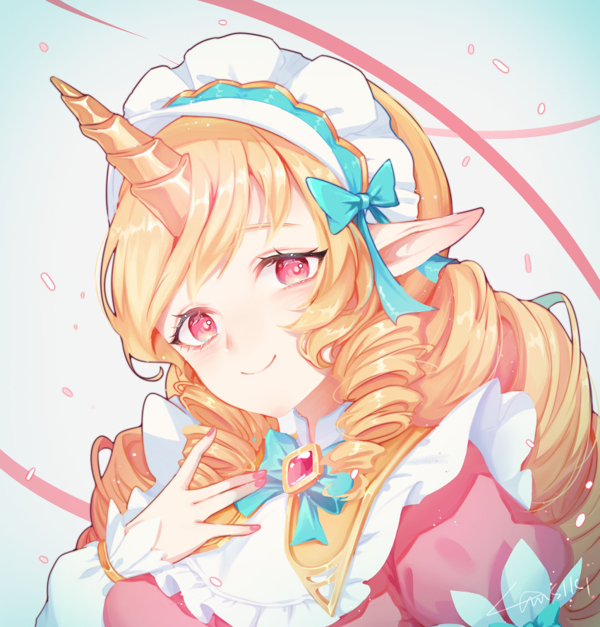 1girl absurdres bangs blonde_hair bow bowtie cafe_cuties_soraka diamond-shaped_brooch drill_hair gllmj green_bow green_bowtie grey_background hair_bow highres horns league_of_legends long_hair long_sleeves looking_at_viewer maid maid_headdress pink_background pink_eyes shiny shiny_hair simple_background single_horn smile solo soraka_(league_of_legends) twin_drills