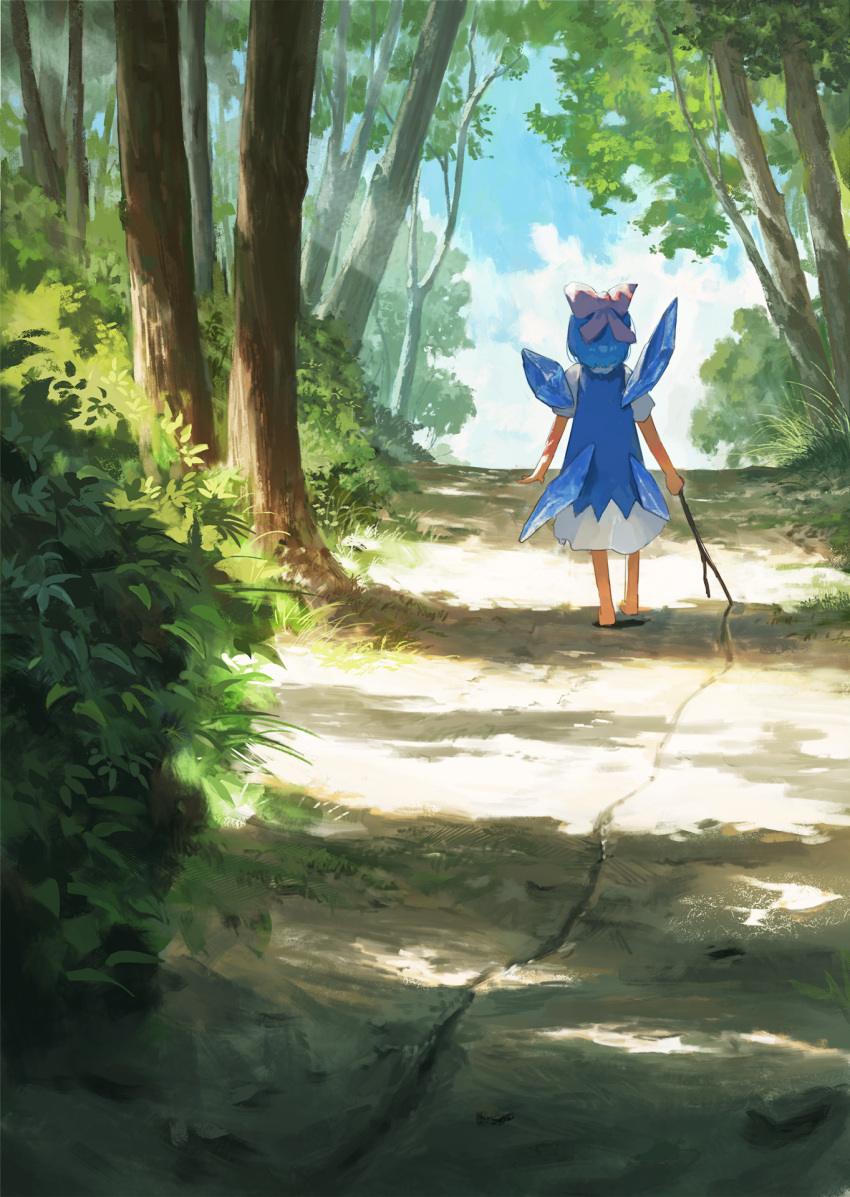 1girl barefoot blue_bow blue_dress blue_hair bow cirno day dress fairy fjsmu forest from_behind hair_bow highres ice ice_wings nature puffy_short_sleeves puffy_sleeves shirt short_hair short_sleeves solo touhou tree white_shirt wings