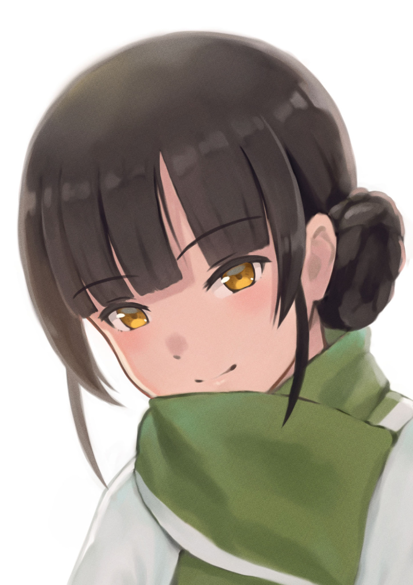 1girl bangs black_hair blush commentary_request double_bun eyebrows_visible_through_hair green_scarf highres japanese_clothes kantai_collection looking_at_viewer orange_eyes portrait porupurucha scarf simple_background smile solo un'you_(kancolle) white_background yawata_maru_(kancolle)