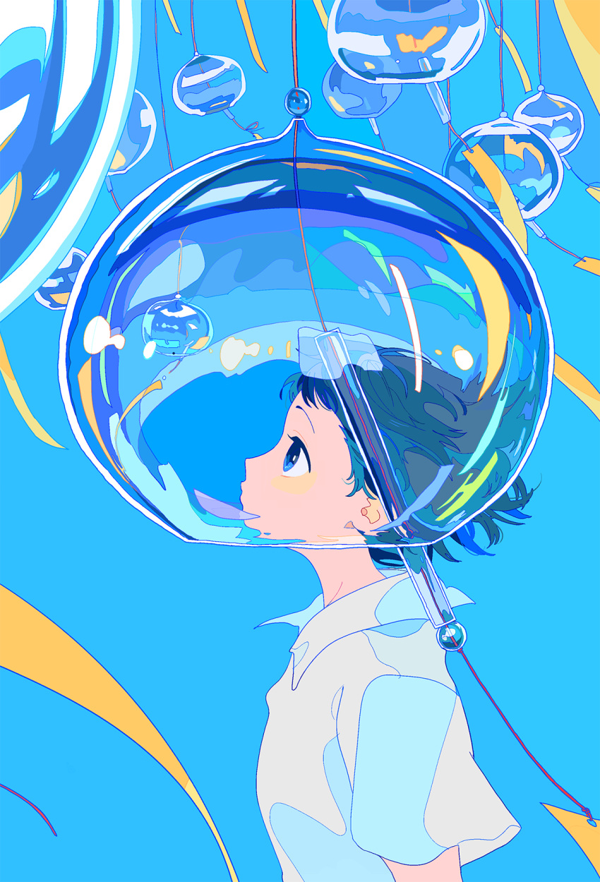 1girl bangs black_hair blue_background blue_eyes blue_hair blue_theme collared_shirt dated_commentary flat_color floating_hair from_side glass highres looking_up original profile qqmng shirt short_hair short_sleeves simple_background solo standing upper_body white_shirt wind wind_chime