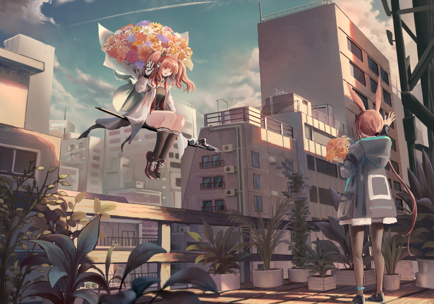 2girls absurdres amiya_(arknights) angelina_(arknights) animal_ears anklet arknights arm_up beancake black_coat black_footwear black_legwear black_shirt bouquet breasts brown_eyes brown_hair building city coat contrail day eye_contact flower flying fox_ears full_body gloves hairband highres holding holding_bouquet hood hood_down jewelry kneehighs long_hair long_sleeves looking_at_another low_ponytail multiple_girls open_clothes open_coat outdoors pantyhose plant potted_plant rabbit_ears railing red_hairband rooftop shirt shoes sitting sneakers standing very_long_hair waving white_coat white_gloves