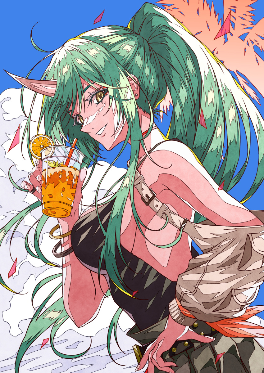 1girl :d absurdres arknights backless_outfit bare_shoulders belt blue_sky bracelet breasts buckle clouds cowboy_shot cup day disposable_cup drink earrings fingernails food from_side fruit green_hair hand_on_hip high_ponytail highres holding holding_cup horns hoshiguma_(arknights) jewelry large_breasts long_fingernails long_hair long_sleeves looking_at_viewer looking_to_the_side official_alternate_costume oni_horns orange_(fruit) orange_slice outdoors palm_tree parted_lips petals ring shokikanes sideboob single_horn skin-covered_horns sky smile solo stud_earrings studded_belt tree very_long_hair yellow_eyes