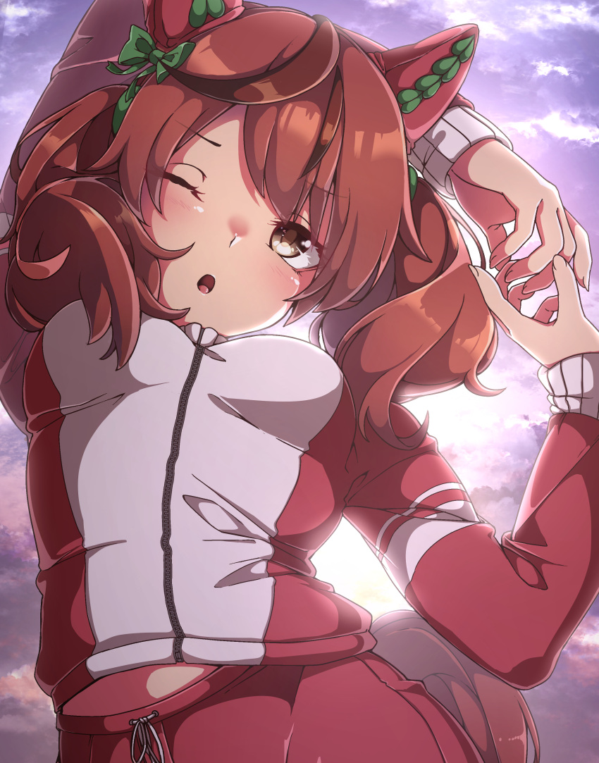 1girl absurdres animal_ears brown_hair eyebrows_visible_through_hair gokuu_(acoloredpencil) hair_between_eyes highres horse_ears horse_girl horse_tail jacket long_sleeves medium_hair nice_nature_(umamusume) one_eye_closed open_mouth pants red_jacket red_pants redhead solo tail track_jacket track_pants two_side_up umamusume yellow_eyes