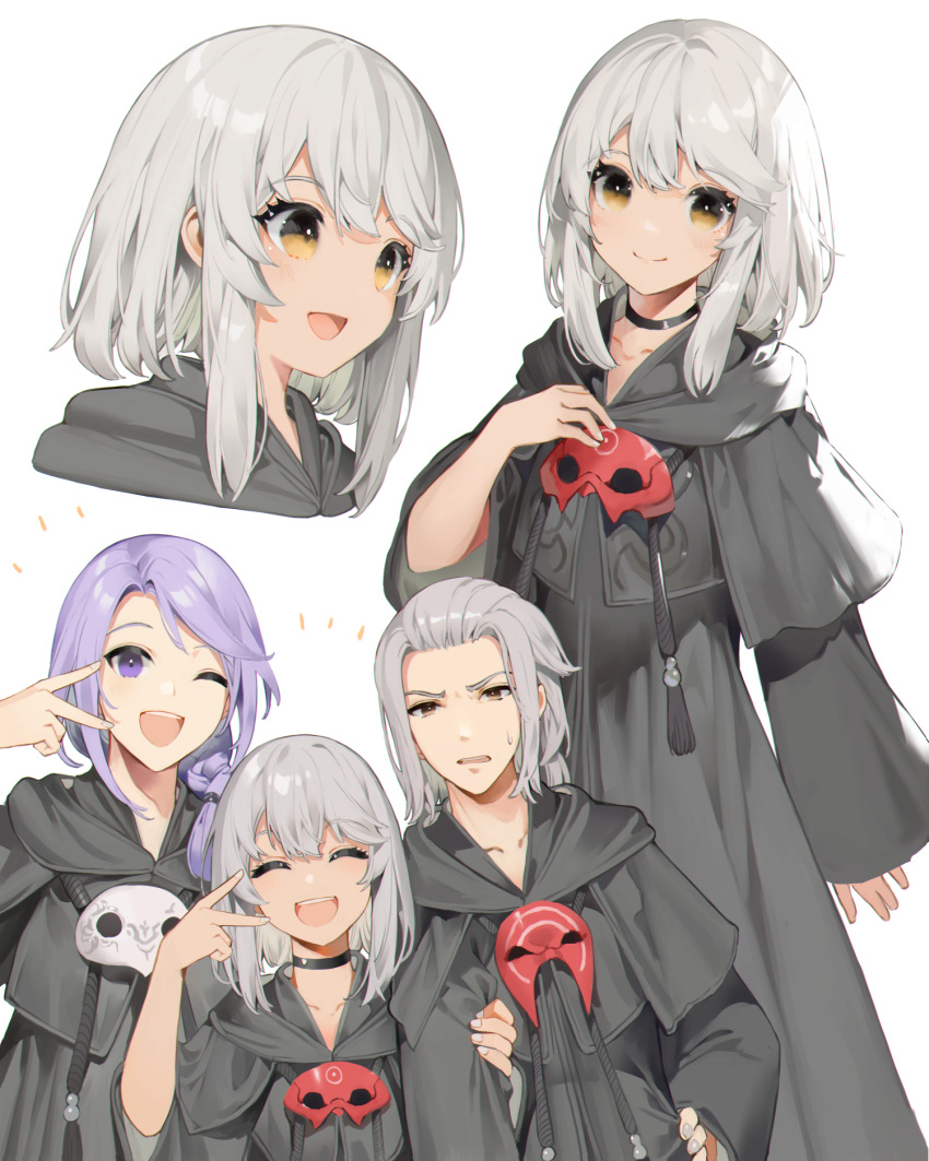 1girl 2boys akizone annoyed avatar_(ff14) brown_eyes choker closed_eyes closed_mouth collarbone emet-selch final_fantasy final_fantasy_xiv fingernails grey_hair grey_nails hair_slicked_back hand_on_hip highres holding_another's_arm hood hood_down hythlodaeus long_hair long_sleeves mask mask_removed medium_hair multiple_boys multiple_views one_eye_closed parted_lips ponytail purple_hair simple_background sleeves_past_wrists smile sweat teeth upper_teeth v white_background white_nails wide_sleeves yellow_eyes