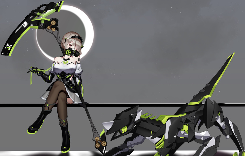 1girl bangs barcode barcode_tattoo bare_shoulders black_footwear black_gloves bob_cut boots brown_hair brown_legwear crossed_legs dress elbow_gloves freze full_body gloves grey_sky hair_over_one_eye highres holding holding_scythe holding_weapon honkai_(series) honkai_impact_3rd long_sleeves looking_at_viewer mask mole mole_under_eye moon mouth_mask rita_rossweisse rita_rossweisse_(phantom_iron) robot scythe shadow short_hair sitting solo tattoo thigh-highs unfinished unfinished_background violet_eyes weapon white_dress
