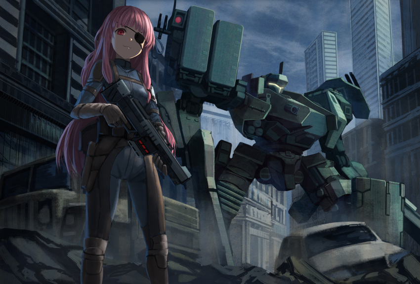 1girl armored_core bangs black_eyepatch building car closed_mouth clouds eyepatch ground_vehicle gun holding holding_gun holding_weapon kotonoha_akane kurione_(zassou) legs_apart mecha motor_vehicle outdoors pink_eyes pink_hair skyscraper smile standing trigger_discipline voiceroid weapon