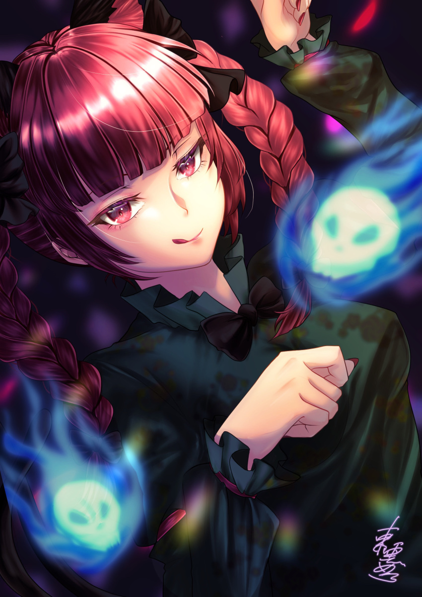 1girl :q animal_ears bangs black_bow black_bowtie blue_fire blunt_bangs blurry bokeh bow bowtie braid cat_ears dark_background depth_of_field dress dutch_angle extra_ears eyebrows_behind_hair fire flaming_skull floating_skull ghost green_dress hands_up highres hitodama kaenbyou_rin licking_lips long_hair mononobe_kanako nail_polish paw_pose red_eyes red_nails redhead skull slit_pupils solo sparkle_background subterranean_animism tongue tongue_out touhou twin_braids twintails upper_body