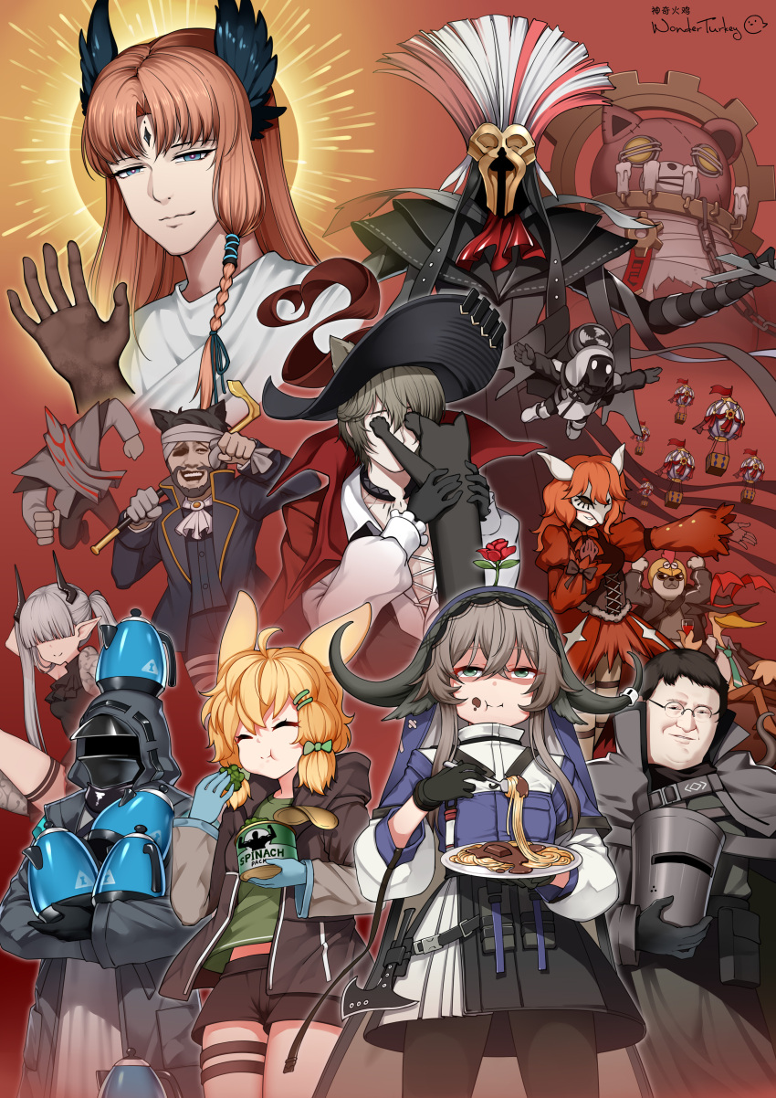 3girls 4boys 6+others :t ^_^ absurdres animal animal_ears arknights bangs black_gloves black_headwear black_jacket black_legwear black_shorts blonde_hair blue_eyes blue_jacket braid brown_hair can canned_food cat cat_ears closed_eyes commentary_request doctor_(arknights) duck_lord_(arknights) eating facial_mark flower food forehead_mark fork gloves green_shirt grey_hair head_wings headwear_removed helmet helmet_removed highres holding holding_animal holding_cat holding_fork holding_helmet holding_kettle holding_plate hood hooded_jacket huoji_(wonderturkey) jacket kettle kroos_(arknights) long_hair midriff_peek multiple_boys multiple_girls multiple_others open_clothes open_jacket pallas_(arknights) pantyhose passenger_(arknights) pasta phantom_(arknights) plate pointy_ears rabbit_ears red_background red_flower shirt short_shorts shorts single_braid smile spaghetti thigh_strap