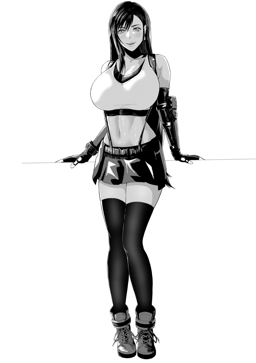 1girl absurdres bangs bare_shoulders black_hair black_legwear black_skirt boots breasts collarbone commentary elbow_gloves final_fantasy final_fantasy_vii final_fantasy_vii_remake forehead full_body gloves greyscale highres iwao178 large_breasts looking_at_viewer monochrome navel parted_bangs parted_lips simple_background skirt smile solo standing suspender_skirt suspenders thigh-highs tifa_lockhart white_background