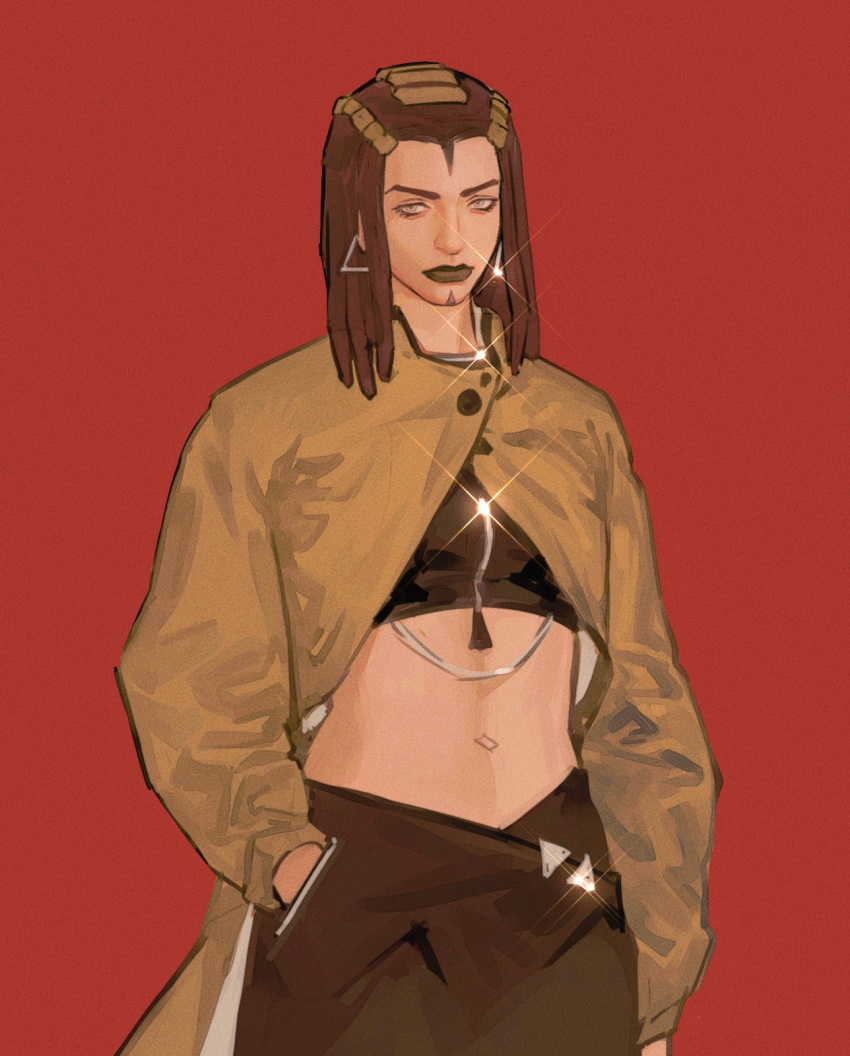 1girl black_hair black_lips crop_top ermes_costello facial_tattoo fashion green_lips hairlocs hands_in_pockets highres jojo_no_kimyou_na_bouken lipstick long_coat makeup midriff qi_hui realistic solo sparkle stone_ocean tattoo