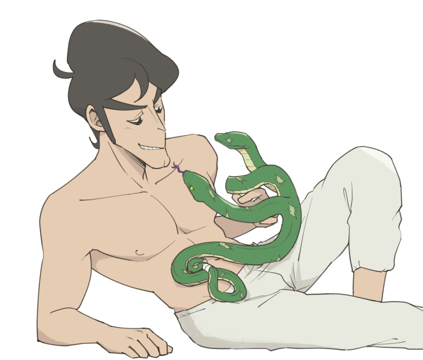 1boy aboutama bebinn black_eyes facial_hair hair_strand male_focus mustache nipples ousama_ranking pants pectorals short_hair smile snake solo thick_eyebrows toned toned_male topless_male white_background white_pants